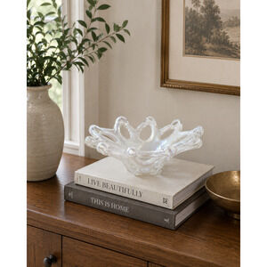 Vintage Murano Style Glass Starfish Bowl 8 Petals 9" White Opalescent